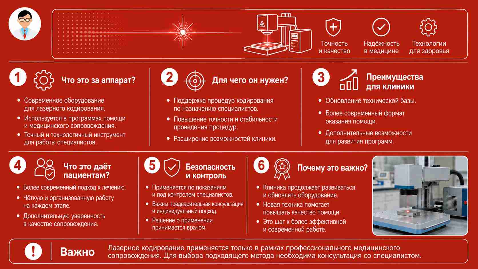 Инфографика о новом аппарате для лазерного кодирования в клинике, его назначении, преимуществах, безопасности и пользе для пациентов.