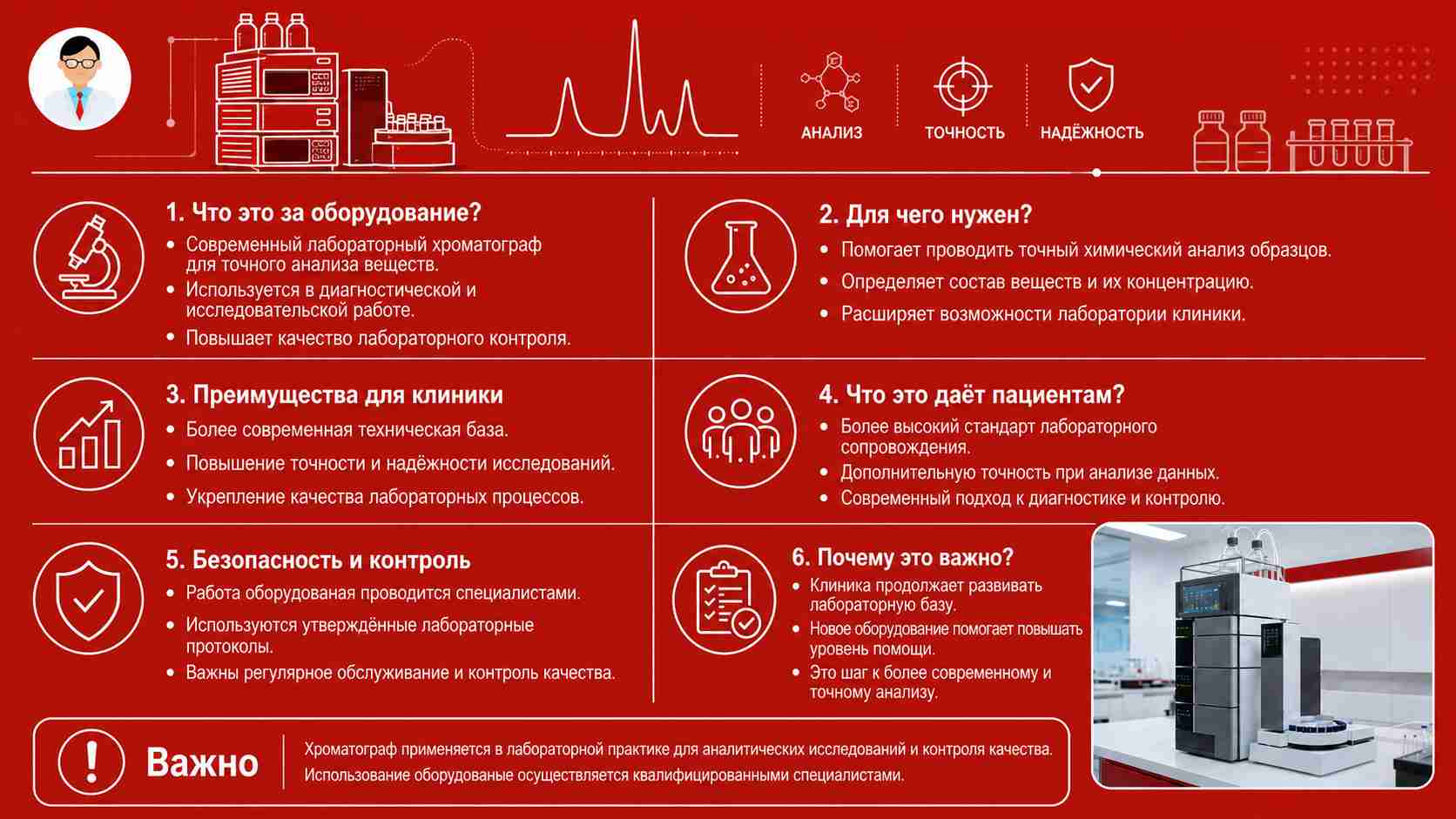 Инфографика о современном хроматографе, установленном в лаборатории клиники, его назначении, преимуществах и значении для качества анализа.
