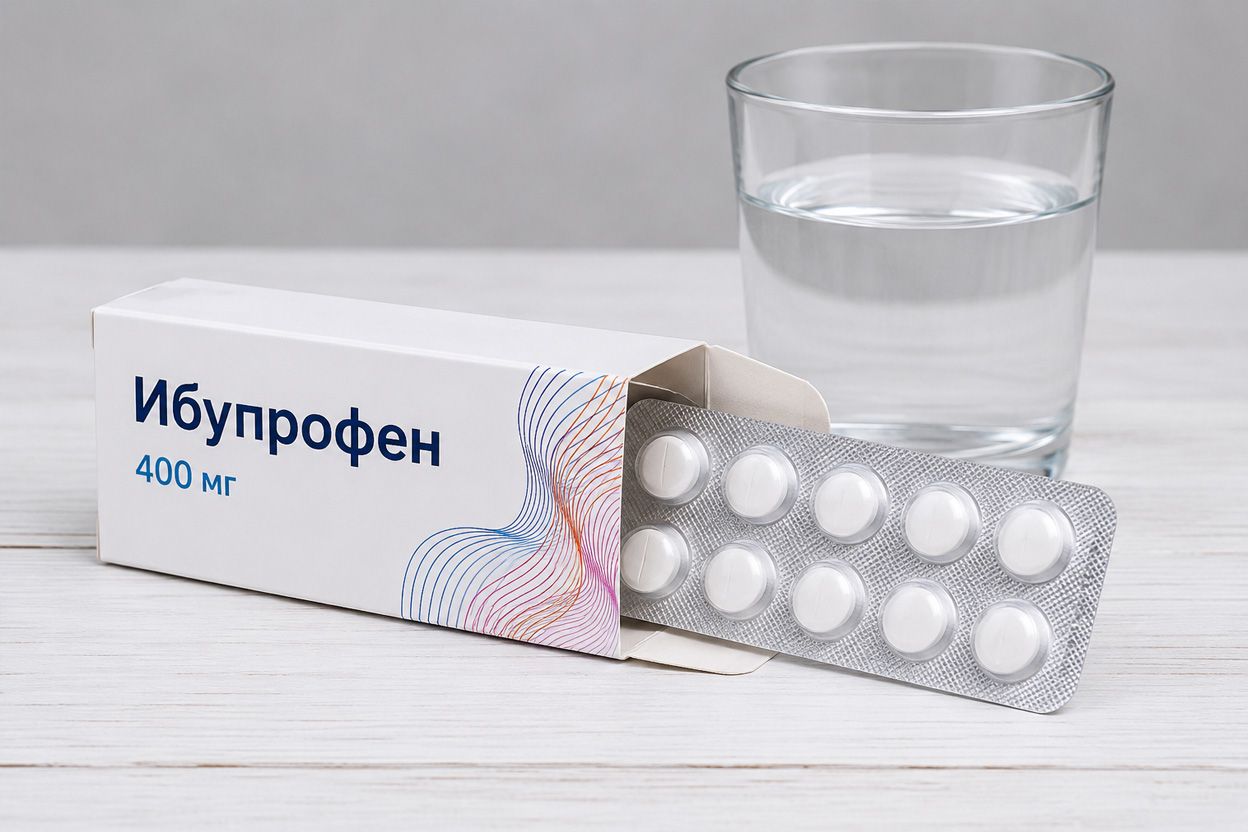 Десять таблеток ибупрофена в пачке со стаканом воды на столе