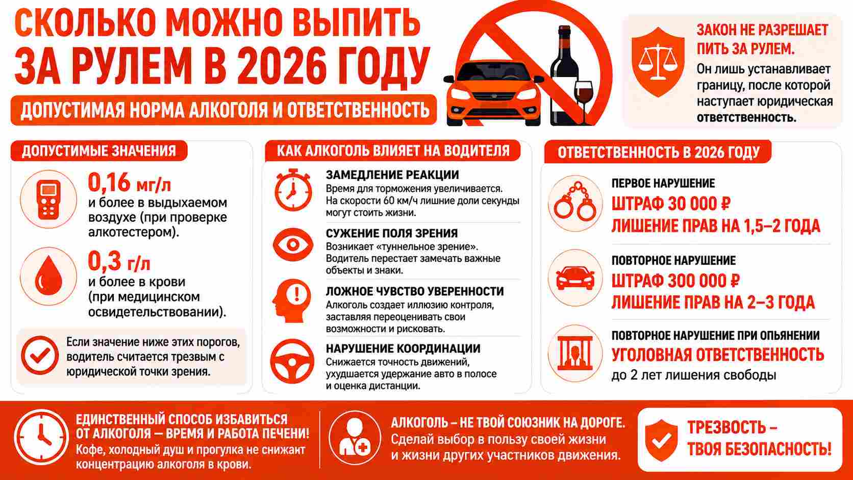 Допустимые значения алкоголя за рулем в 2026 году, влияние алкоголя на реакцию и координацию водителя, а также штрафы, лишение прав и уголовная ответственность за вождение в состоянии опьянения.