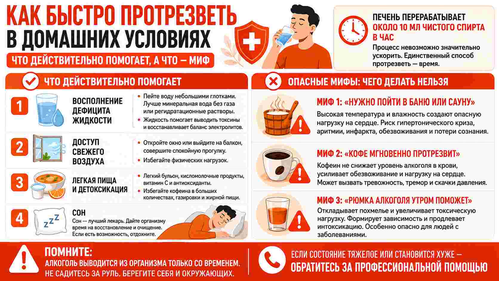 Инфографика о том, как безопасно протрезветь в домашних условиях: восполнение жидкости, свежий воздух, лёгкая пища и сон, а также опасные мифы о бане, кофе и алкоголе утром.
