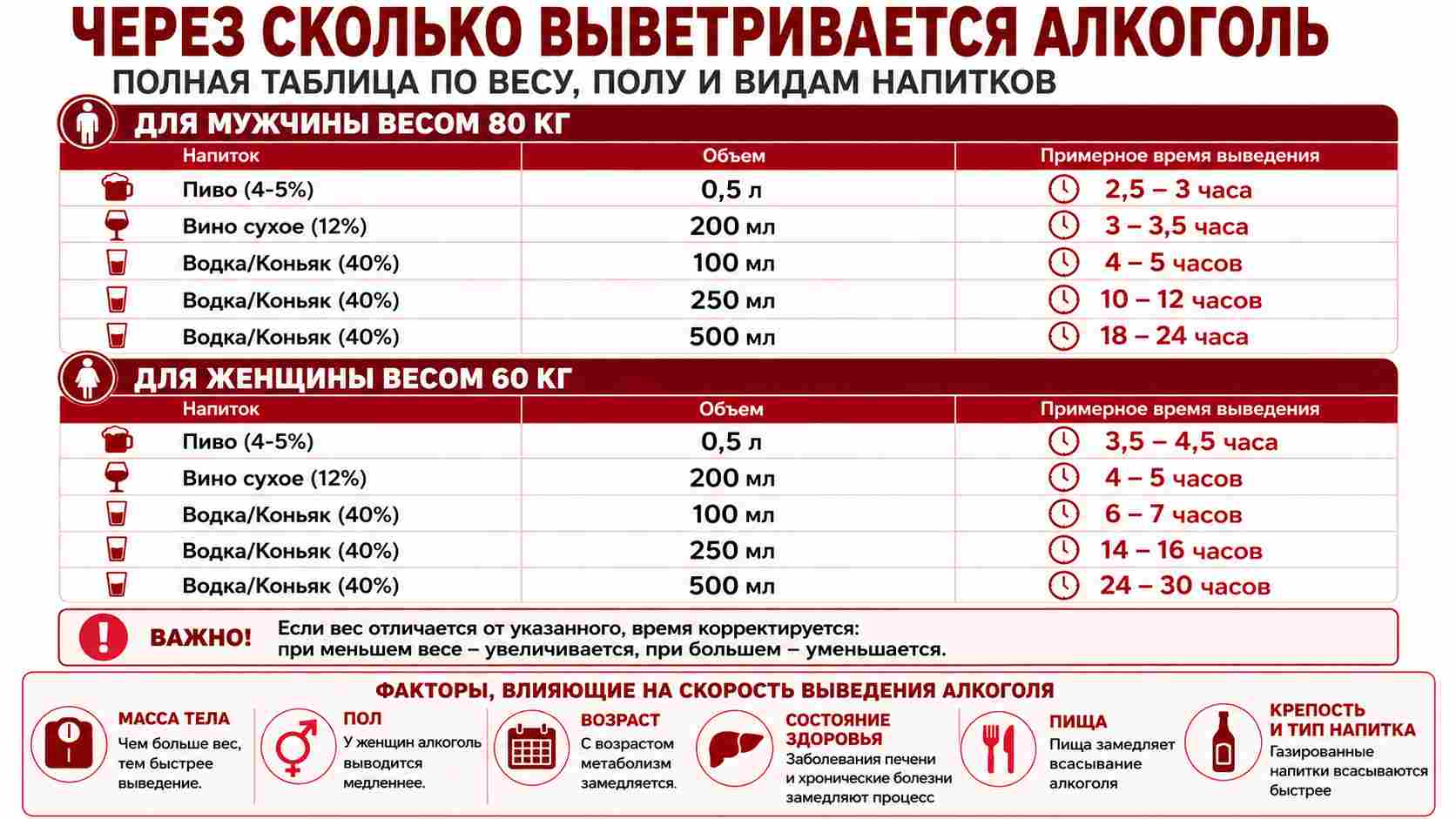 Таблица выведения алкоголя из организма: ориентировочное время для мужчины весом 80 кг и женщины весом 60 кг в зависимости от вида и объема напитка, а также основные факторы, влияющие на скорость выведения.